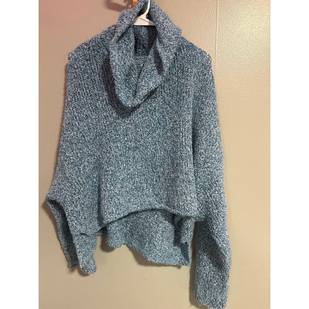 Free People Chunky Knit Cowl Neck Sweater Blue Oversized Cozy Size Large